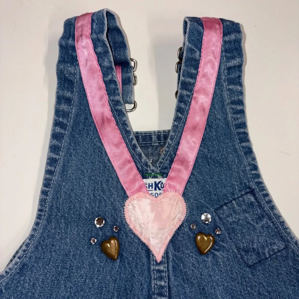 Vintage Osh Kosh Bgosh Custom Denim Bunny Overalls Hearts Rhinestones Blue Pink